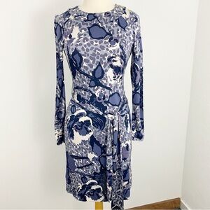 Tory Burch XS Blue Floral Silk Jersey Long Sleeve Knee Length Dress with Belt